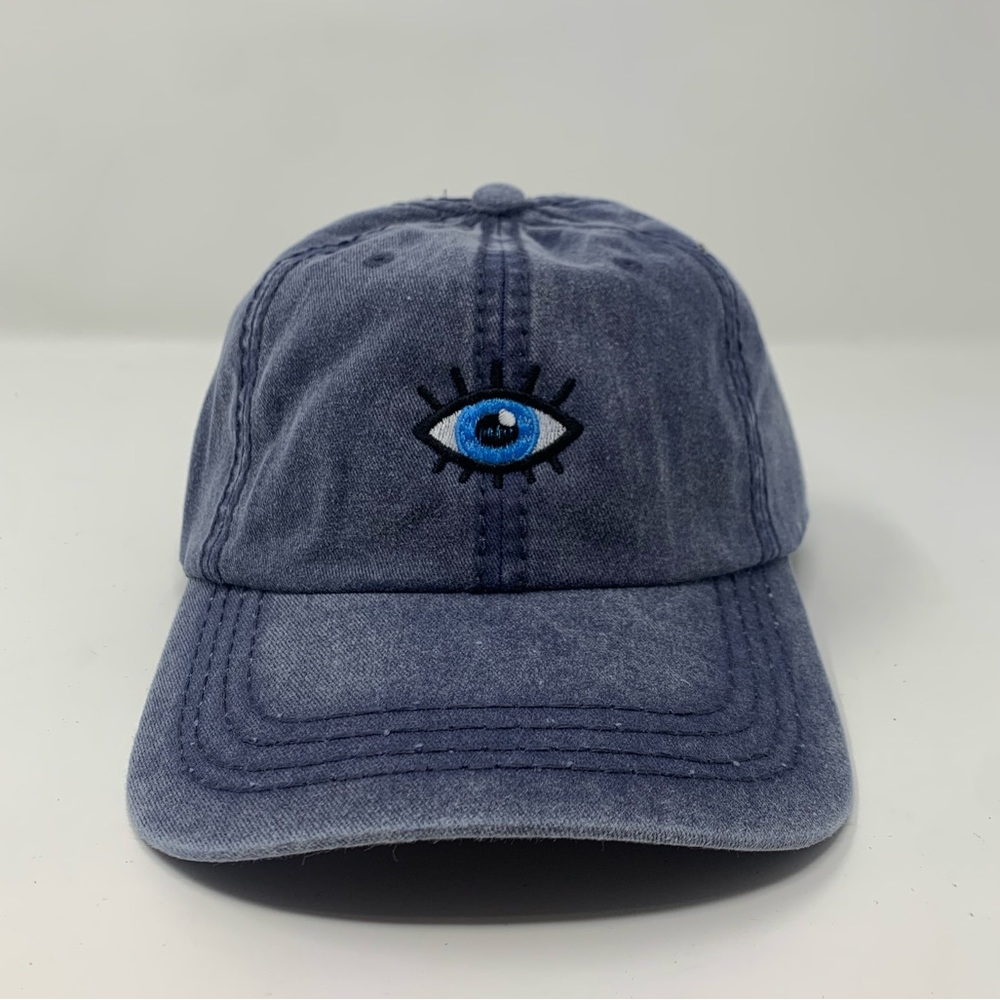 Navy Pigment Dyed - Evil Eye Embroidered 6 Panel Pigment Dyed Baseball Dad Hat